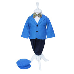 Costum Albastru-bleumarin pentru botez, 5 piese, camasa, papion, pantaloni cu bretele, sacou, bascuta pentru baieti, REC1146