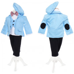 Costum bleu pentru botez, 5 piese, camasa cu vesta aplicata, papion, pantaloni, sacou, bascuta pentru baieti, REC1843