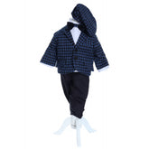 Costum bleumarin in carouri din bumbac pentru botez, 5 piese, camasa, sacou, pantaloni, palarie si papion pentru baieti, REC2284