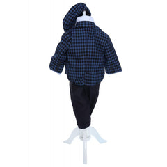 Costum bleumarin in carouri din bumbac pentru botez, 5 piese, camasa, sacou, pantaloni, palarie si papion pentru baieti, REC2284
