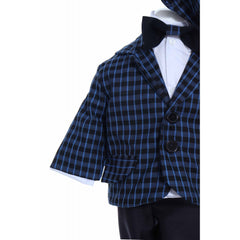Costum bleumarin in carouri din bumbac pentru botez, 5 piese, camasa, sacou, pantaloni, palarie si papion pentru baieti, REC2284