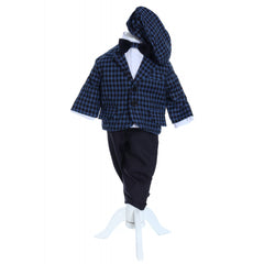 Costum bleumarin in carouri din bumbac pentru botez, 5 piese, camasa, sacou, pantaloni, palarie si papion pentru baieti, REC2284