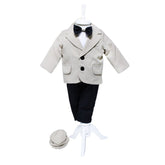 Costum crem pentru botez, 5 piese, camasa, papion, pantaloni, sacou, bascuta pentru baieti, REC45