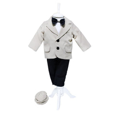 Costum crem pentru botez, 5 piese, camasa, papion, pantaloni, sacou, bascuta pentru baieti, REC45