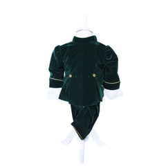 Costum de print, catifea verde, pentru botez, 5 piese, camasa, sacou, pantaloni, palarie, botosi, pentru baieti, REC1127