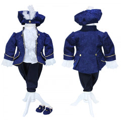 Costum de print pentru botez, bleumarin, 5 piese, sacou, pantaloni, camasa, botosei si bascuta, Recostore, REC1661
