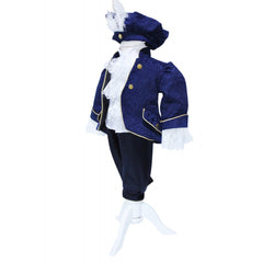 Costum de print pentru botez, bleumarin, 5 piese, sacou, pantaloni, camasa, botosei si bascuta, Recostore, REC1661