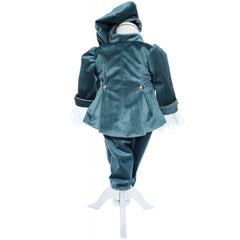 Costum din catifea verde smarald, Micul Print, pentru botez, 5 piese, camasa, sacou, pantaloni, palarie si botosei pentru baieti, REC2278