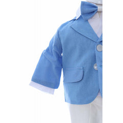 Costum elegant de culoare bleu deschis pentru botez, 5 piese, sacou, pantaloni, camasa, bascuta si papion, Recostore, REC2425