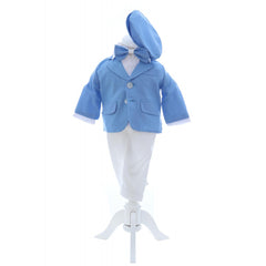 Costum elegant de culoare bleu deschis pentru botez, 5 piese, sacou, pantaloni, camasa, bascuta si papion, Recostore, REC2425