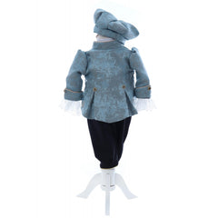 Costum elegant Micul print din Brocart de culoare bleu deschis, 5 piese, sacou, pantaloni, camasa, bascuta si botosei, REC2424