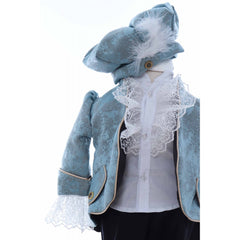 Costum elegant Micul print din Brocart de culoare bleu deschis, 5 piese, sacou, pantaloni, camasa, bascuta si botosei, REC2424