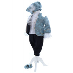 Costum elegant Micul print din Brocart de culoare bleu deschis, 5 piese, sacou, pantaloni, camasa, bascuta si botosei, REC2424