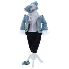 Costum elegant Micul print din Brocart de culoare bleu deschis, 5 piese, sacou, pantaloni, camasa, bascuta si botosei, REC2424