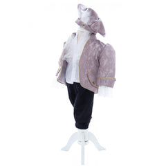 Costum elegant Micul print din Brocart de culoare roz pudrat, 5 piese, sacou, pantaloni, camasa, bascuta si botosei, REC2429