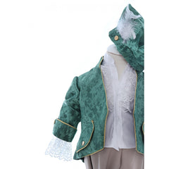 Costum elegant Micul print din Brocart de culoare verde, 5 piese, sacou, pantaloni, camasa, bascuta si botosei, REC2428