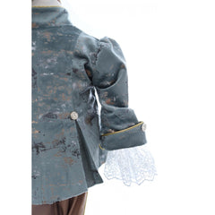 Costum elegant Micul Printisor din catifea de culoare bleu, 5 piese, sacou, pantaloni, camasa, bascuta si botosei, REC2431