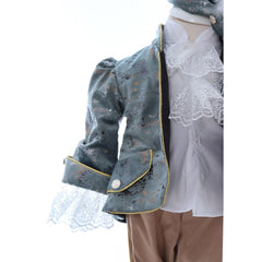 Costum elegant Micul Printisor din catifea de culoare bleu, 5 piese, sacou, pantaloni, camasa, bascuta si botosei, REC2431