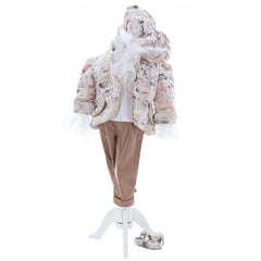 Costum elegant Micul Printisor din catifea de culoare crem, 5 piese, sacou, pantaloni, camasa, bascuta si botosei, REC2432