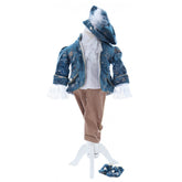 Costum elegant Micul Printisor din catifea de culoare turcoaz, 5 piese, sacou, pantaloni, camasa, bascuta si botosei, REC2430