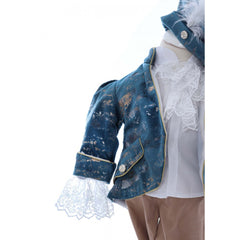 Costum elegant Micul Printisor din catifea de culoare turcoaz, 5 piese, sacou, pantaloni, camasa, bascuta si botosei, REC2430