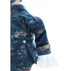 Costum elegant Micul Printisor din catifea de culoare turcoaz, 5 piese, sacou, pantaloni, camasa, bascuta si botosei, REC2430