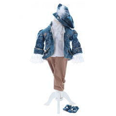 Costum elegant Micul Printisor din catifea de culoare turcoaz, 5 piese, sacou, pantaloni, camasa, bascuta si botosei, REC2430