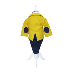 Costum Galben-bleumarin pentru botez, 5 piese, camasa, papion, pantaloni cu bretele, sacou, bascuta pentru baieti, REC1140