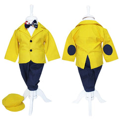 Costum Galben-bleumarin pentru botez, 5 piese, camasa, papion, pantaloni cu bretele, sacou, bascuta pentru baieti, REC1140