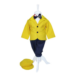 Costum Galben-bleumarin pentru botez, 5 piese, camasa, papion, pantaloni cu bretele, sacou, bascuta pentru baieti, REC1140