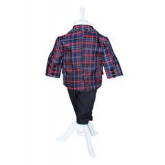 Costum pentru botez, bleumarin in carouri, 5 piese, sacou, pantaloni, camasa, papion si bascuta, Recostore, REC1660