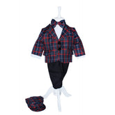 Costum pentru botez, bleumarin in carouri, 5 piese, sacou, pantaloni, camasa, papion si bascuta, Recostore, REC1660