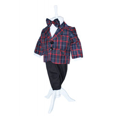 Costum pentru botez, bleumarin in carouri, 5 piese, sacou, pantaloni, camasa, papion si bascuta, Recostore, REC1660