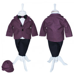 Costum pentru botez, grena-negru, 5 piese, sacou, pantaloni, camasa, papion si bascuta, Recostore, REC1659