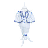 Costum popular alb-albastru, 4 piese, camasa, vesta, pantaloni, caciula, pentru baieti, REC1159