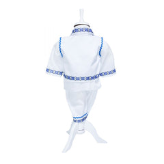 Costum popular alb-albastru, 4 piese, camasa, vesta, pantaloni, caciula, pentru baieti, REC1159