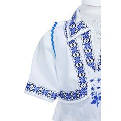 Costum popular alb-albastru, 4 piese, camasa, vesta, pantaloni, caciula, pentru baieti, REC1159