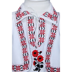 Costum popular alb-rosu, 4 piese, camasa, vesta, pantaloni, caciula, pentru baieti, REC1158