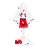 Costum popular alb-rosu, 6 piese, haina groasa cu gluga, rochie, pantaloni, fota, batic, botosei pentru fete, REC1846