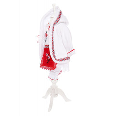 Costum popular alb-rosu, 6 piese, haina groasa cu gluga, rochie, pantaloni, fota, batic, botosei pentru fete, REC1846