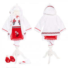 Costum popular alb-rosu, 6 piese, haina groasa cu gluga, rochie, pantaloni, fota, batic, botosei pentru fete, REC1846
