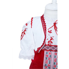 Costum popular alb-rosu, 6 piese, bluza, fusta, fota, vesta, botosi, batic pentru fetite, REC1181
