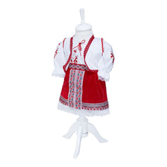 Costum popular alb-rosu, 6 piese, bluza, fusta, fota, vesta, botosi, batic pentru fetite, REC1181