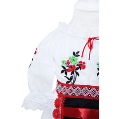 Costum popular alb-rosu pentru botez, 5 piese, bluza, fusta, fota, botosi, batic pentru fetite, REC1182