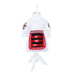 Costum popular alb-rosu pentru botez, 5 piese, bluza, fusta, fota, botosi, batic pentru fetite, REC1182