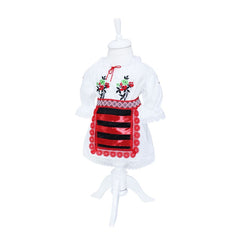 Costum popular alb-rosu pentru botez, 5 piese, bluza, fusta, fota, botosi, batic pentru fetite, REC1182