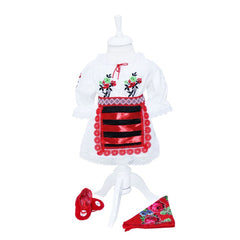 Costum popular alb-rosu pentru botez, 5 piese, bluza, fusta, fota, botosi, batic pentru fetite, REC1182
