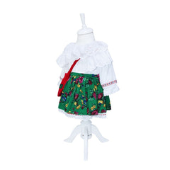 Costum popular alb-verde din zona Maramuresului pentru botez, 4 piese, rochie, fota, traistuta, batic, REC1178