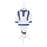 Costum popular pentru botez, alb-albastru cu motive traditionale, 4 piese, camasa, vesta, pantaloni, caciulita, pentru baieti, REC1188