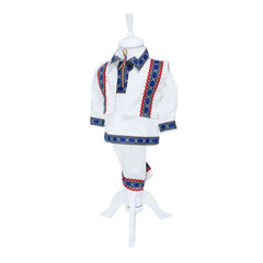 Costum popular pentru botez, alb-albastru cu motive traditionale, 4 piese, camasa, vesta, pantaloni, caciulita, pentru baieti, REC1188